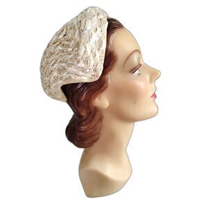 1950s Vintage Cream Satin Ribbon Hat with Aurora Borealis Sequins